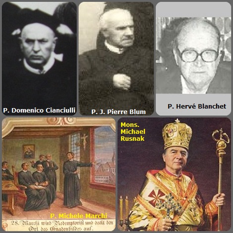 Tra i 38 defunti di oggi 16 gennaio, di cui 4 italiani, l’immagine mostra 5 Redentoristi: gli italiani P. Michele Marchi (1829-1886) che aiutò a ritrovare l’icona del Perpetuo Soccorso e P. Domenico Cianciulli (1831-1911); il lussemburghese P. J. Pierre Blum (1837-1929); il canadese P. Hervé Blanchet (1911-1999); l’americano Mons. Michael Rusnak (1921-2003) Vescovo dei Saints Cyril and Methodius di Toronto (Slovakian).