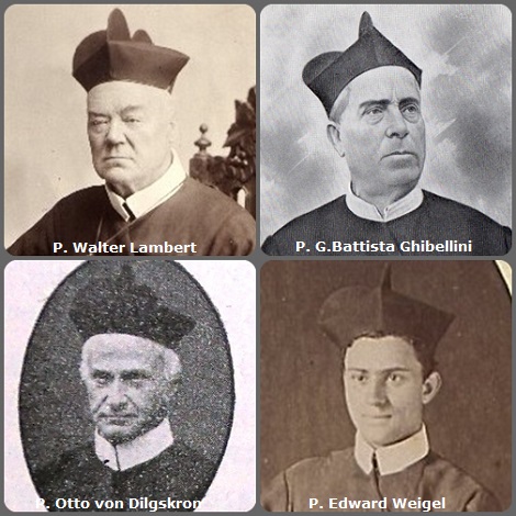 Tra i 42 defunti di oggi, di cui 5 italiani, due immagini mostrano 7 Redentoristi.- Prima immagine, 4 Redentoristi: l’irlandese P Walter Lambert (1815-1903); l’italiano P. G.Battista Ghibellini (1835-1922); l’austriaco P. Otto von Dilgskron, (1845-1923), fratello dello storico redentorista Karl e l’americano P. Edward Weigel (1851-1937). 