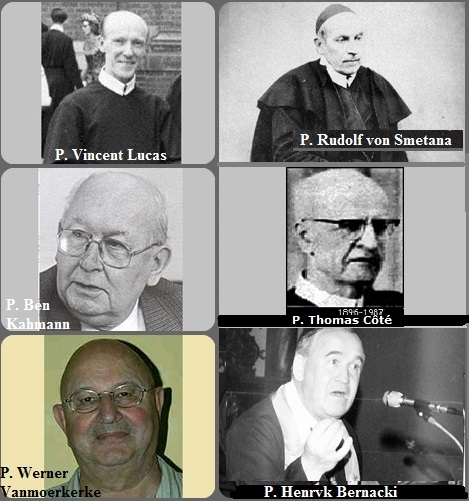 La seconda immagine mostra 6 Redentoristi: l’austriaco P. Rudolf von Smetana (1802-1871), Vicario Generale Transalpino; il canadese P. Thomas Côté (1896-1987), l’inglese P. Vincent Lucas(1917-1989); il polacco P. Henryk Bernacki (1931-1997); l’olandese P. Ben Kahmann (1914-2002) e il belga P. Werner Vanmoerkerke (1935-2006).