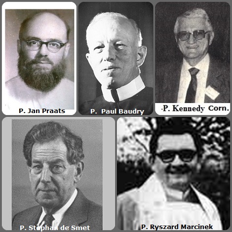 Seconda immagine: il belga P. Jan Praats (1927-1970); l’americano P. Paul Joseph Baudry (1896-1982); l’irladese P. Cornelius Kennedy (1916-1990); l’olandese P. Stephan de Smet (1930-2000) e il polacco P. Ryszard Marcinek (1938-2008).
