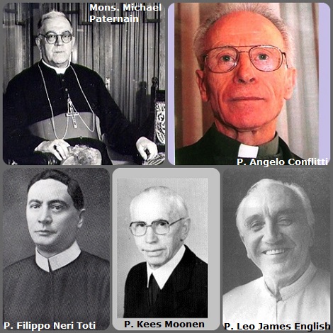 Tra i 29 defunti di oggi 19 ottobre, di cui italiani, l’immagine mostra 5 Redentoristi: l’italiano P. Filippo Neri Toti (1866-1922); l’uruguaiano Mons. Michael Paternain (1894-1970), vescovo di Florida, Urugay; l’olandese P. Kees Moonen (1903-1994); l’australiano P. Leo James English (1907-1997) e l’italiano P. Angelo Conflitti (1931-2009). 
