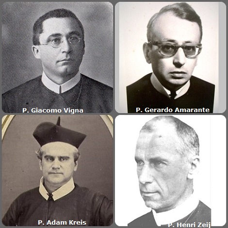 Seconda immagine: gli italiani P. Giacomo Vigna (1875-1967); e P. Gerardo Amarante (1920-1972); l’americano P. Adam Kreis (1837-1899) e l’olandese P. Henri Zeij (1877-1966) e, sotto, l'americano P. Lawrence E. Lover (1924-2014).