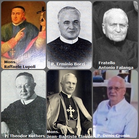Tra i 32 defunti di oggi 12 dicembre, di cui 6 italiani, l’immagine mostra 6 Redentoristi: gli italiani Mons. Raffaele Lupoli (1767-1827), vescovo di Larino; P. Erminio Borzi (1900-1963) e il fratello Antonio Falanga (1874-1969); il tedesco P. Theodor Kethers (1877-1931); il francese Mons. Jean-Baptiste Claudel (1876-1955), vVescovo di Reyes, Bolivia e l’irlandese P. Denis Cronin (1933-2012), morto in Brasile.