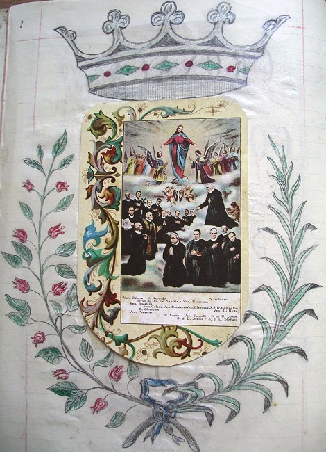 Antica stampa del Paradiso redentorista: S. Alfonso presenta i suoi figli alla Madonna Immacolata in gloria. - Di questo disegno esiste la grande tela nella Casa Generalizia di Via Merulana, opera del pittore Senatore.