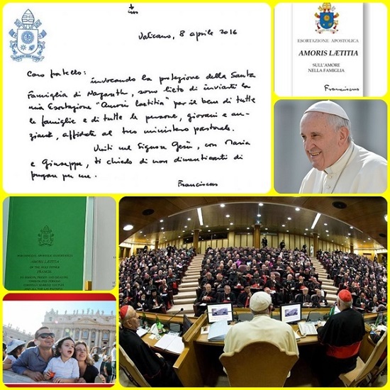 Pubblicata "Amoris Laetitia - La gioia dell’amore", l'esortazione postolica post-sinodale sulla famiglia che conclude le riflessioni sulla famiglia intraprese nelle due assemblee sinodali dell’ottobre 2014 e 2015. Papa Francesco: misericordia e integrazione per tutte le famiglie: questo il nucleo dell’Esortazione apostolica post-sinodaleGrandi attese, parziali soddisfazioni: rimane il grande impegno di accompagnare la famiglia. - Ecco il sommario della Esortazione apostolica .